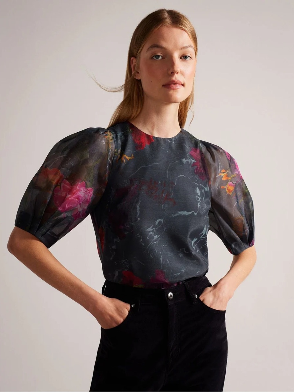 Ted Baker Women's Sheer Organza Black Floral-Accent Blouse with Puff Sleeves